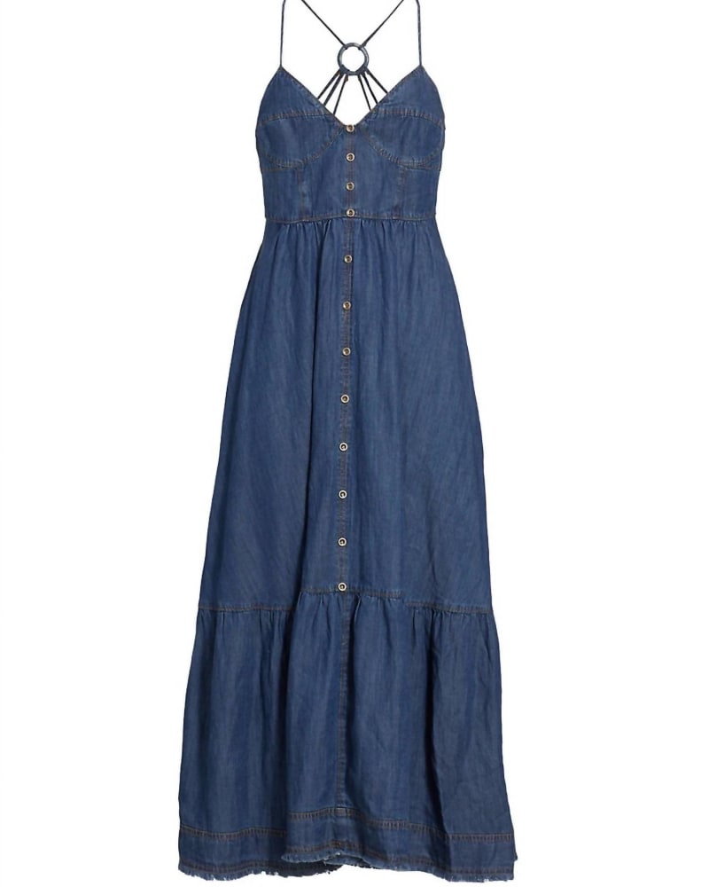 Front of a size L Denim Maxi Dress in Blue in Blue by En Saison. | dia_product_style_image_id:334782